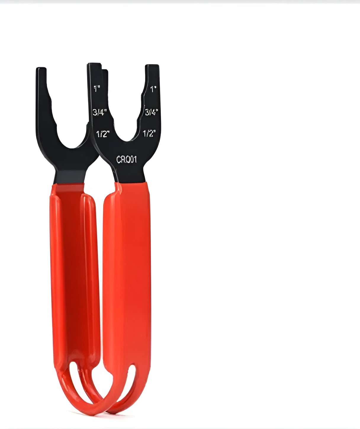 Orange handled Stilson pattern adjustable pipe wrench with jaw open, showing knurled teeth and quick-release button.