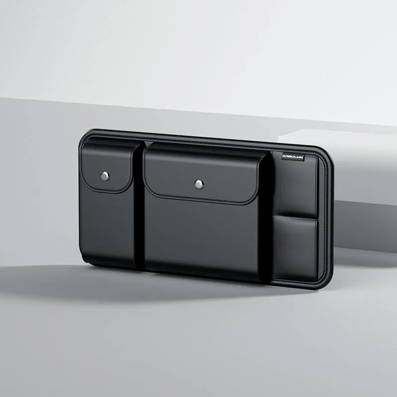 Black PVC car sun visor glasses clamp with storage bag, dimensions 32cm x 3.5cm x 16cm