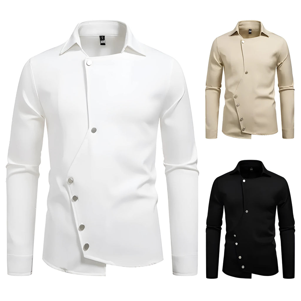 Men's long-sleeved polyester slim fit cardigan shirt in white, black, and khaki colours