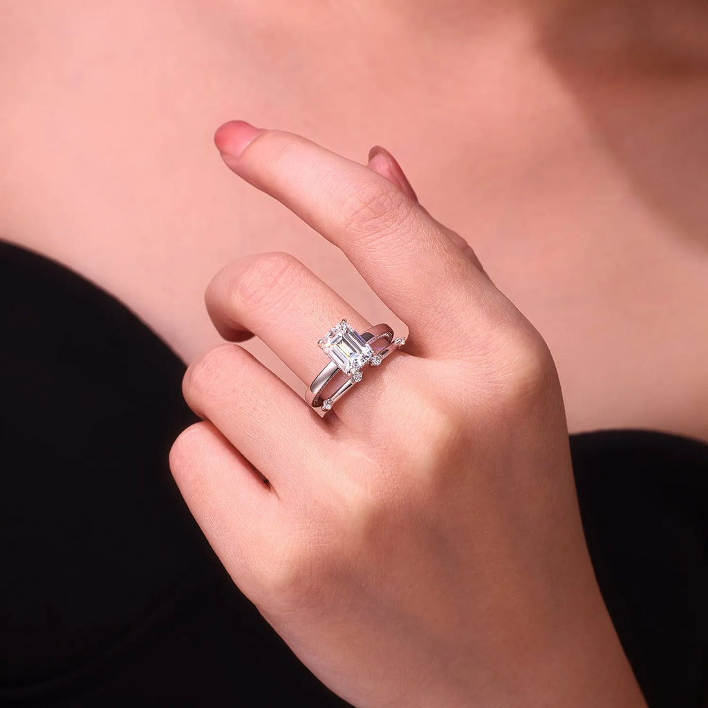 Star Eye octagonal 7x9mm moissanite ring platinum plated S925 silver on white background