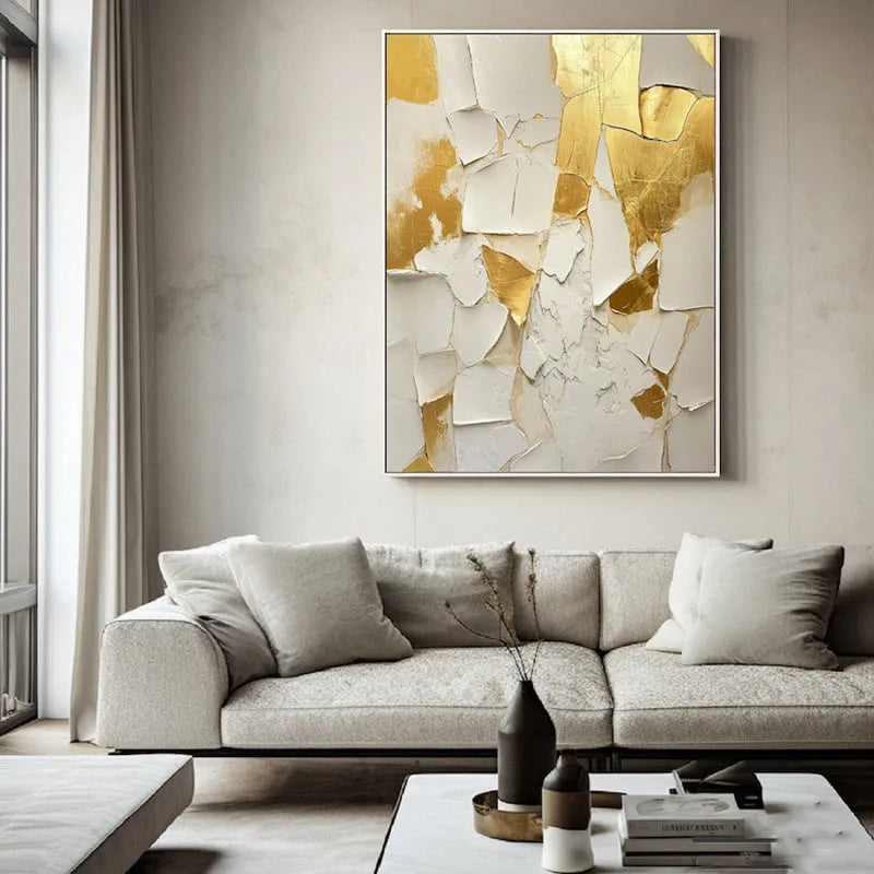 Handmade golden and white abstract oil painting on canvas, vertical orientation, no frame