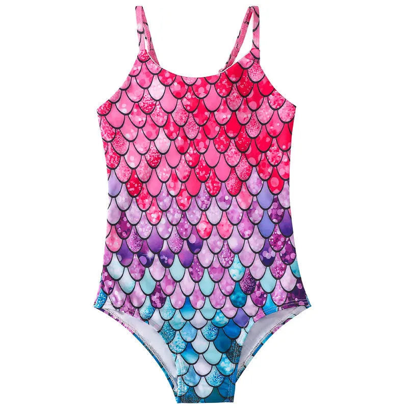 Girl's mermaid-style one-piece swimsuit in assorted colours on a white background