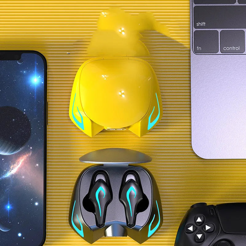 Black grey wireless Bluetooth gaming earbuds with silicone ear tips, shown for mobile gaming use.