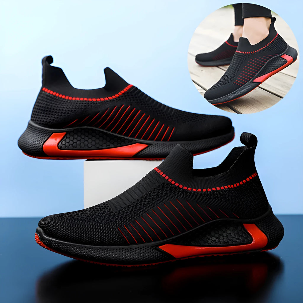 Men's breathable mesh sock shoes with flyknit upper and striped design in low-top slip-on style