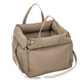 Brown portable car kennel for cats with removable cloth cover showing 55x50x45cm dimensions