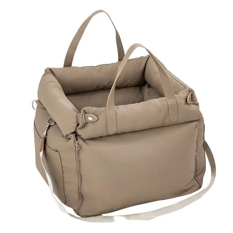 Brown portable car kennel for cats with removable cloth cover showing 55x50x45cm dimensions