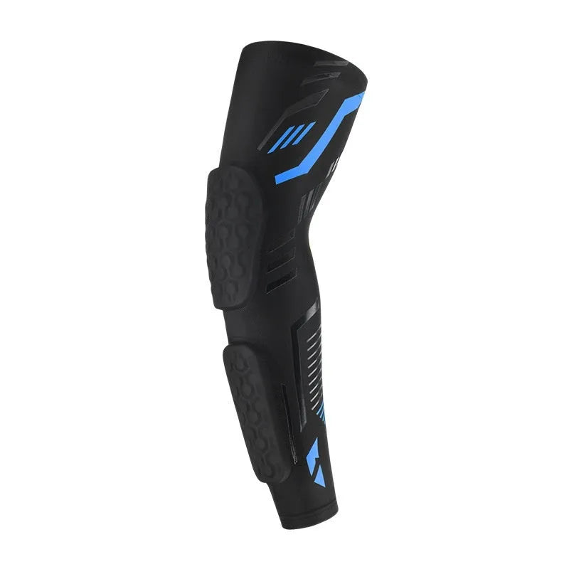 Breathable long training elbow pad for basketball, black and blue design with extended forearm coverage