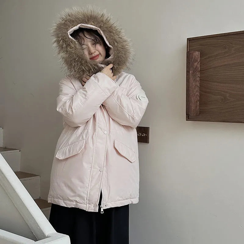 Mid-length hooded loose thickened cotton-padded coat with fur collar in black for women