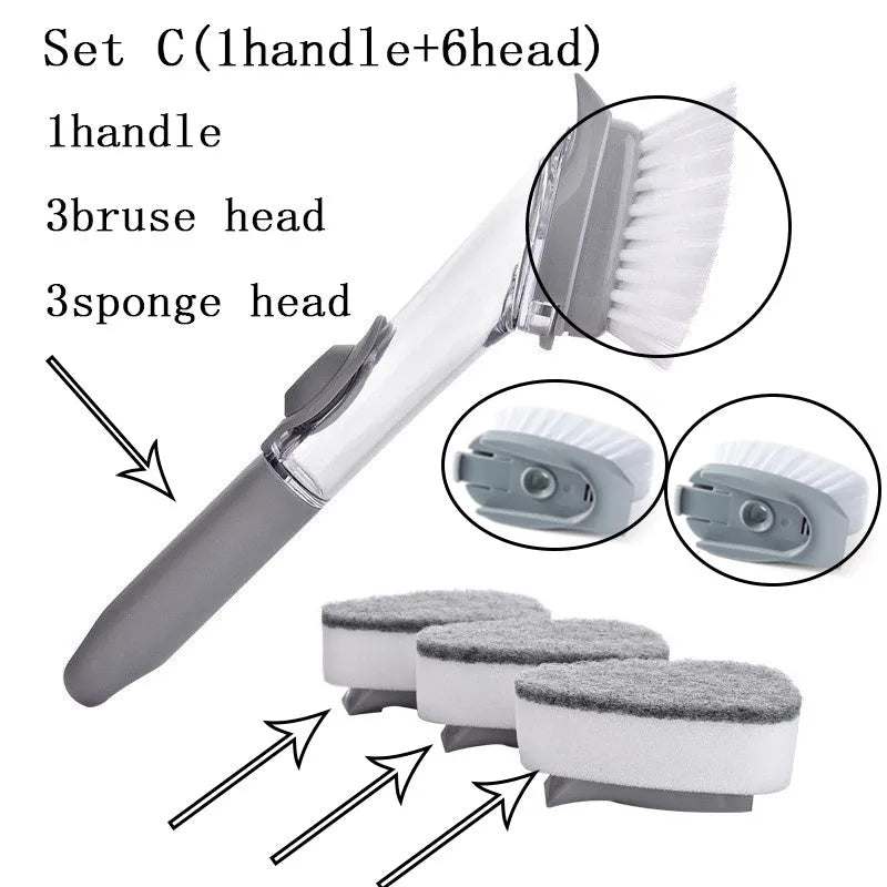 2 in 1 long handle cleaning brush with removable brush head and sponge for kitchen use