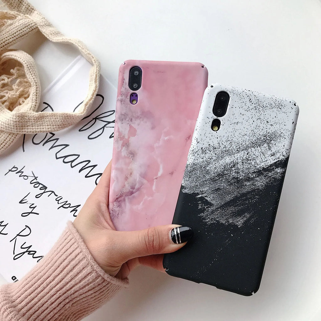 Solid colour painted phone case for Huawei and Honor smartphones in black and pink options.