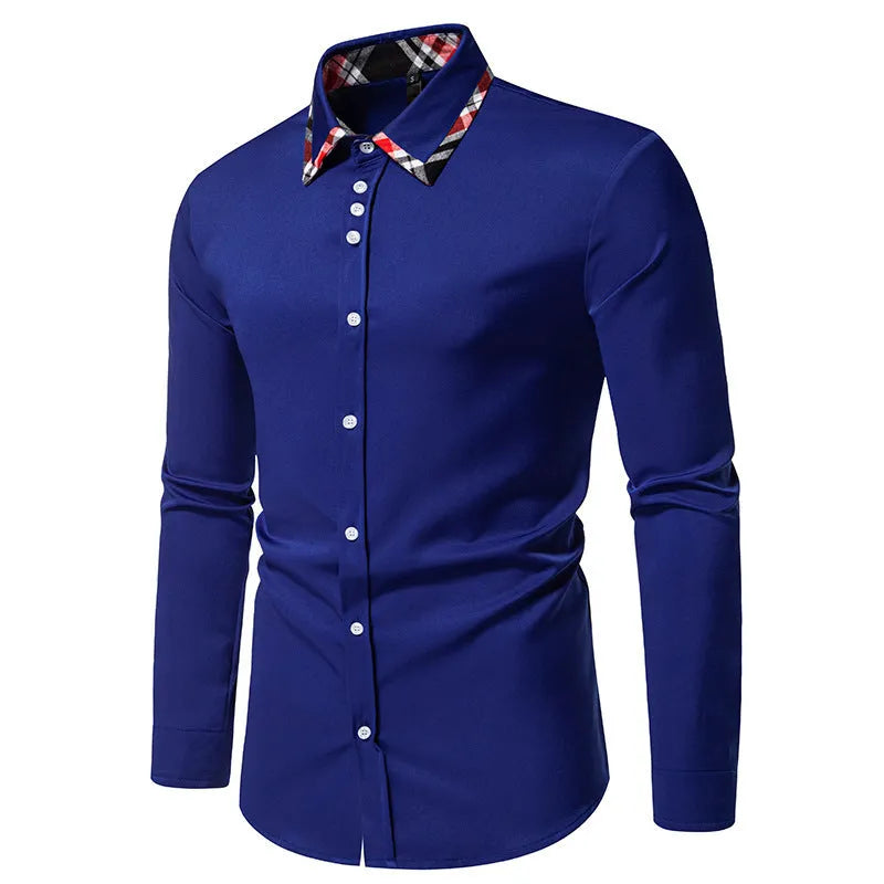 Men's blue plaid contrast long-sleeve shirt with a triangle collar, laid flat.