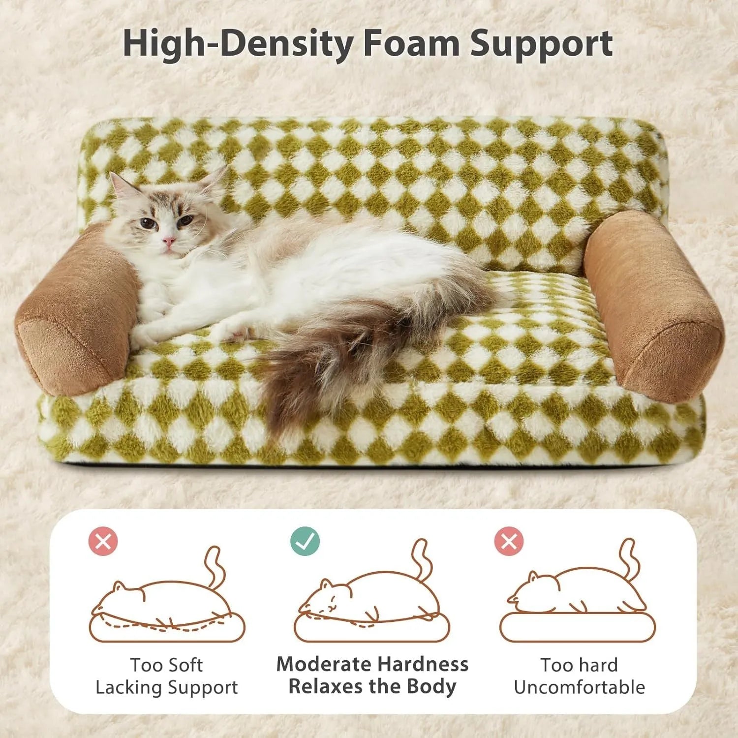 Checkered grey and white pet sofa bed for small dog or cat on wooden floor.