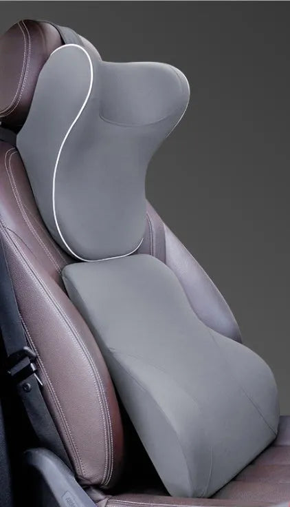 Grey car headrest and lumbar support memory foam cushion set with breathable fabric cover