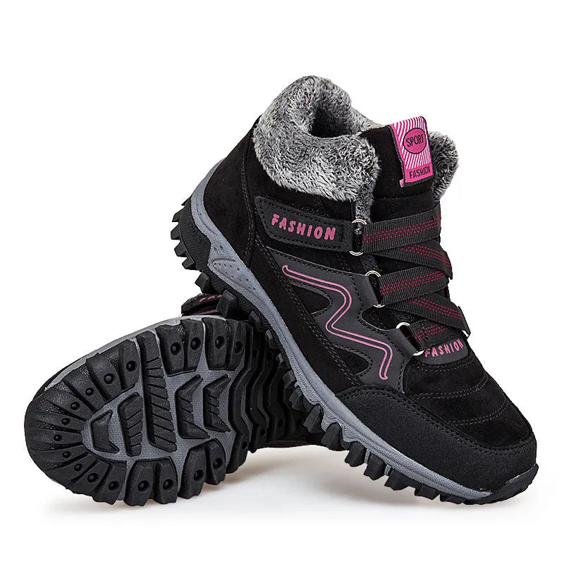 Women's warm cotton snow boots with suede upper, rubber sole, and front tie lacing, multiple colours available