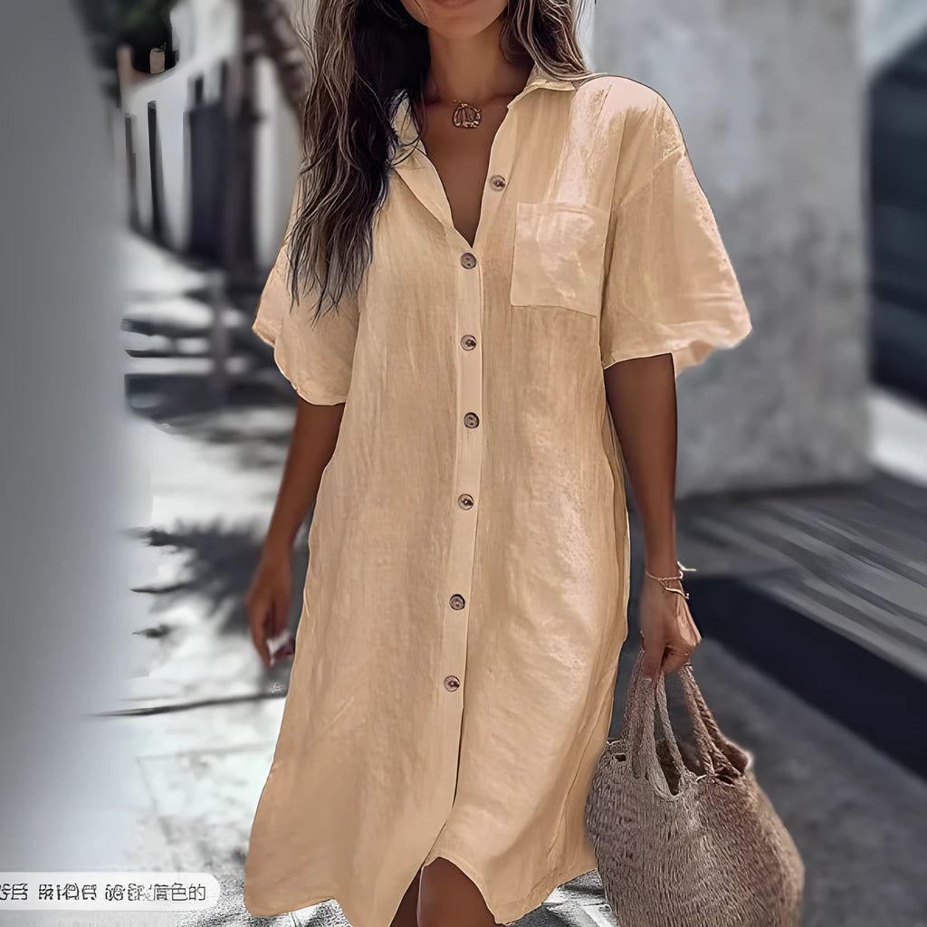 Long button short sleeve shirt in ginger yellow with loose fit and long length