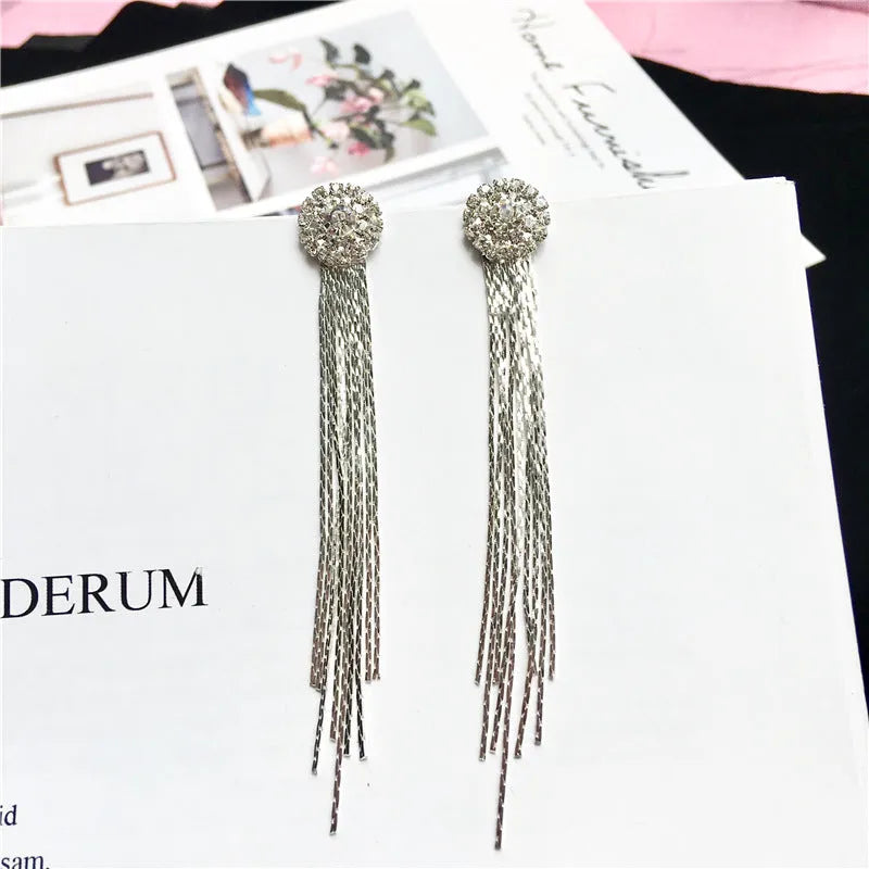 Silver plated crystal tassel drop earrings for women, Korean style dressing accessory