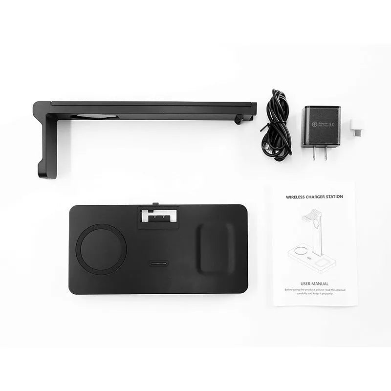 Black multi-device wireless charging station with smartphone, smartwatch, and headset connected