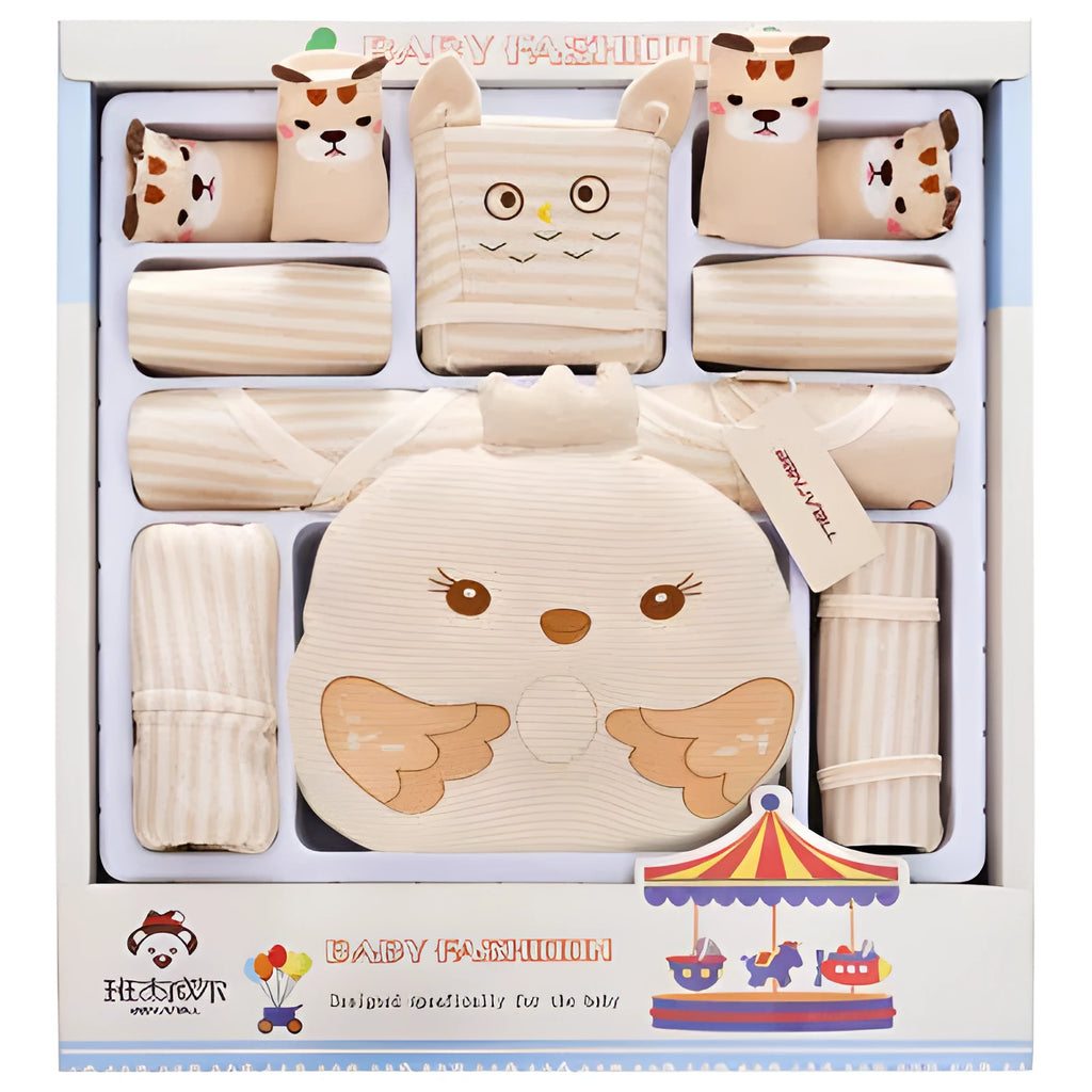 Beige 100% cotton baby clothes set with cartoon animal print, featuring a long sleeve suit and cardigan for newborns.