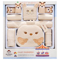 Beige 100% cotton baby clothes set with cartoon animal print, featuring a long sleeve suit and cardigan for newborns.