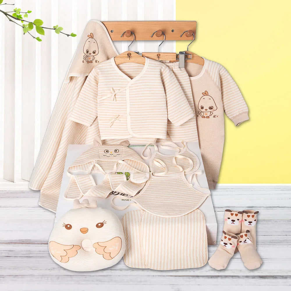Beige 100% cotton baby clothes set with cartoon animal print, featuring a long sleeve suit and cardigan for newborns.