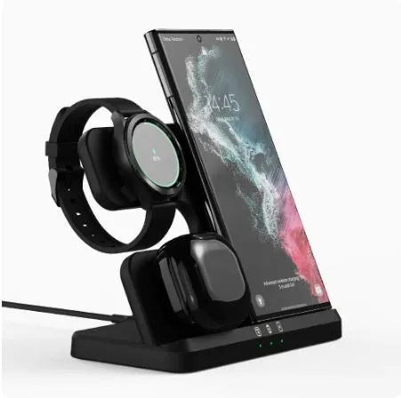 Vertical 3-in-1 wireless charging stand for mobile phone, smartwatch, and headphones.