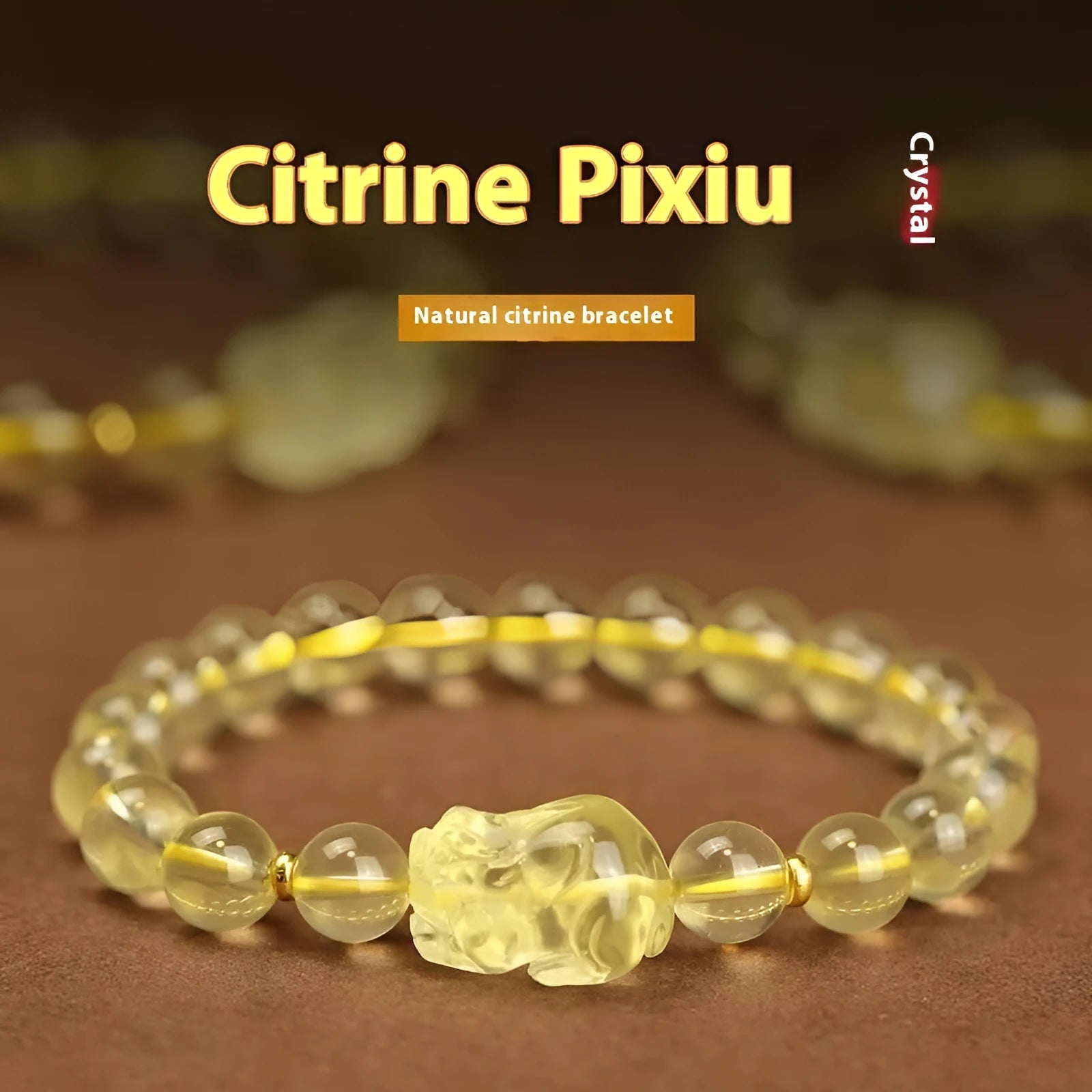 Yellow leather Pi Xiu bracelet with artificial crystal beads in Chinese simple national style