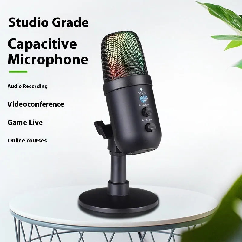 Black USB microphone with RGB lighting for computer streaming and mobile karaoke