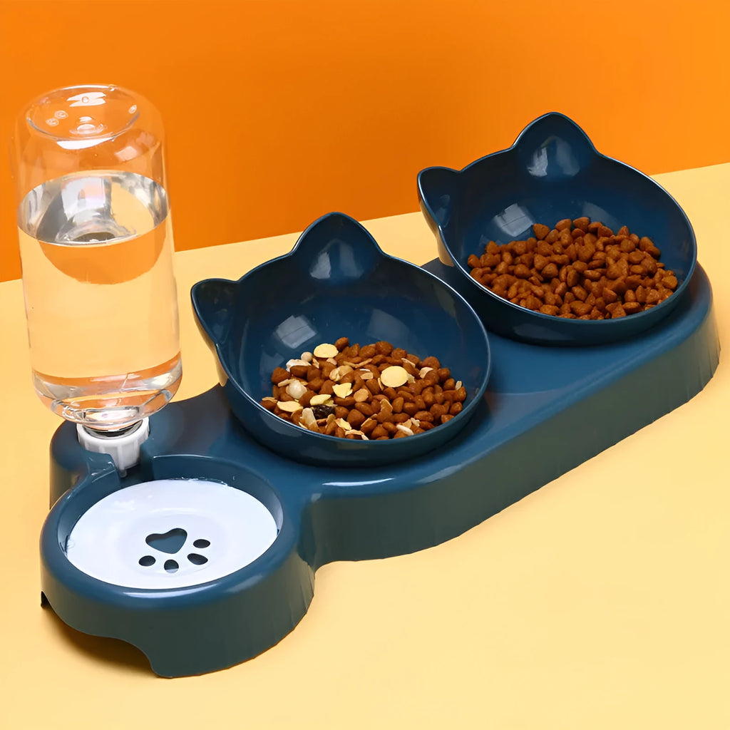 Plastic double-bowl pet feeder with automatic water dispenser in chosen colour.