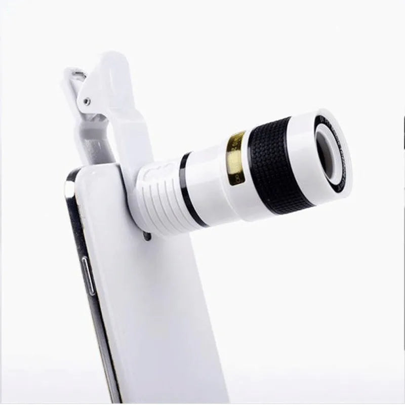 12x magnification phone telescope with adjustable clip attached to a mobile phone for long-distance viewing.