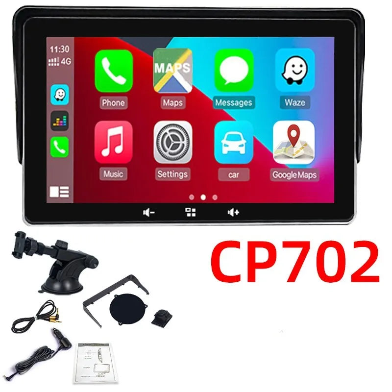 A 7-inch universal wireless CarPlay display with suction cup mount on a car dashboard.
