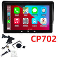 A 7-inch universal wireless CarPlay display with suction cup mount on a car dashboard.