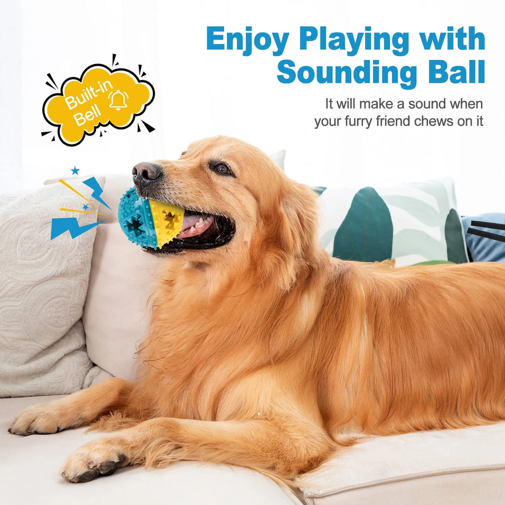 Dog chew toy ball with red and yellow colour, 8.4 cm, featuring bell and treat leakage holes