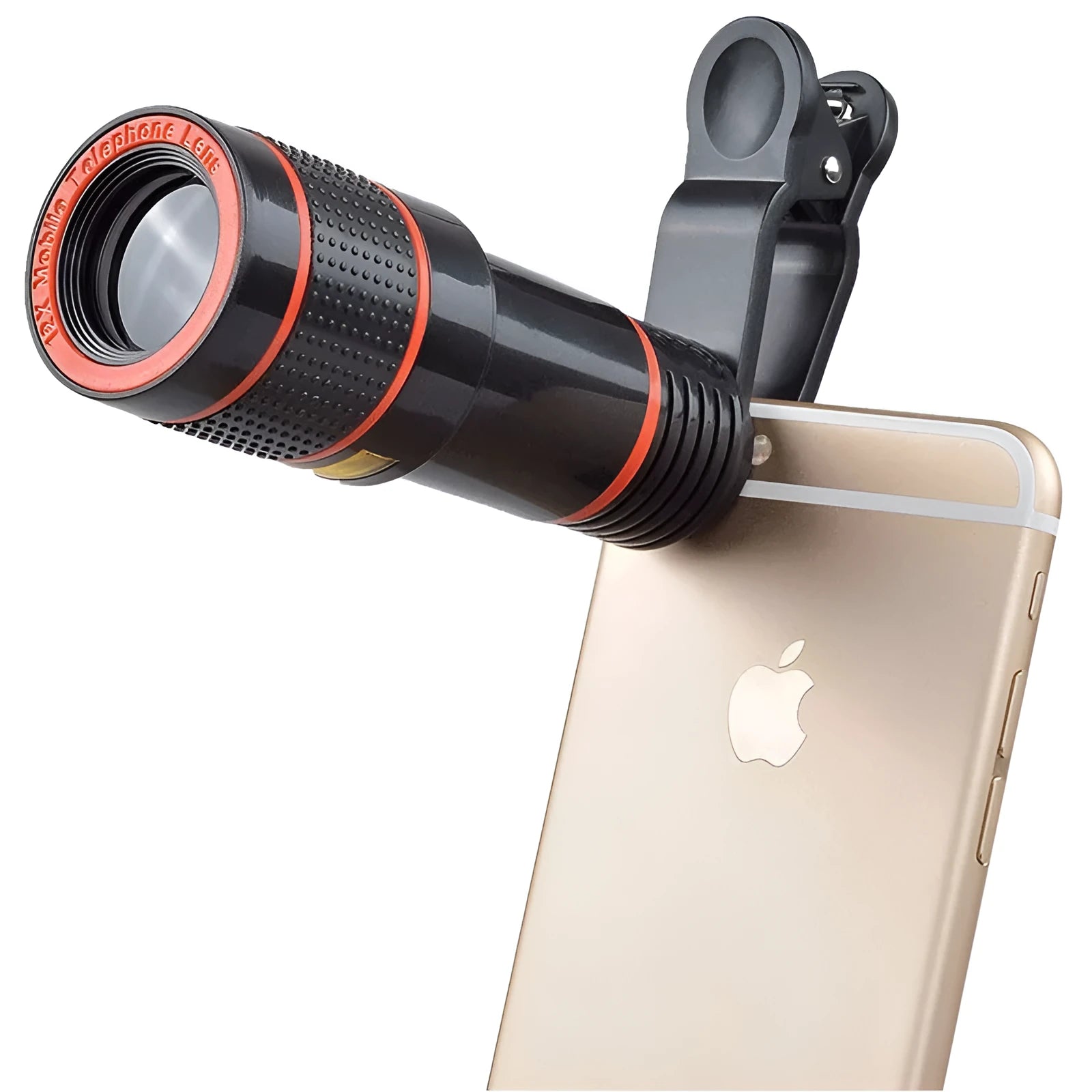 12x magnification phone telescope with adjustable clip attached to a mobile phone for long-distance viewing.