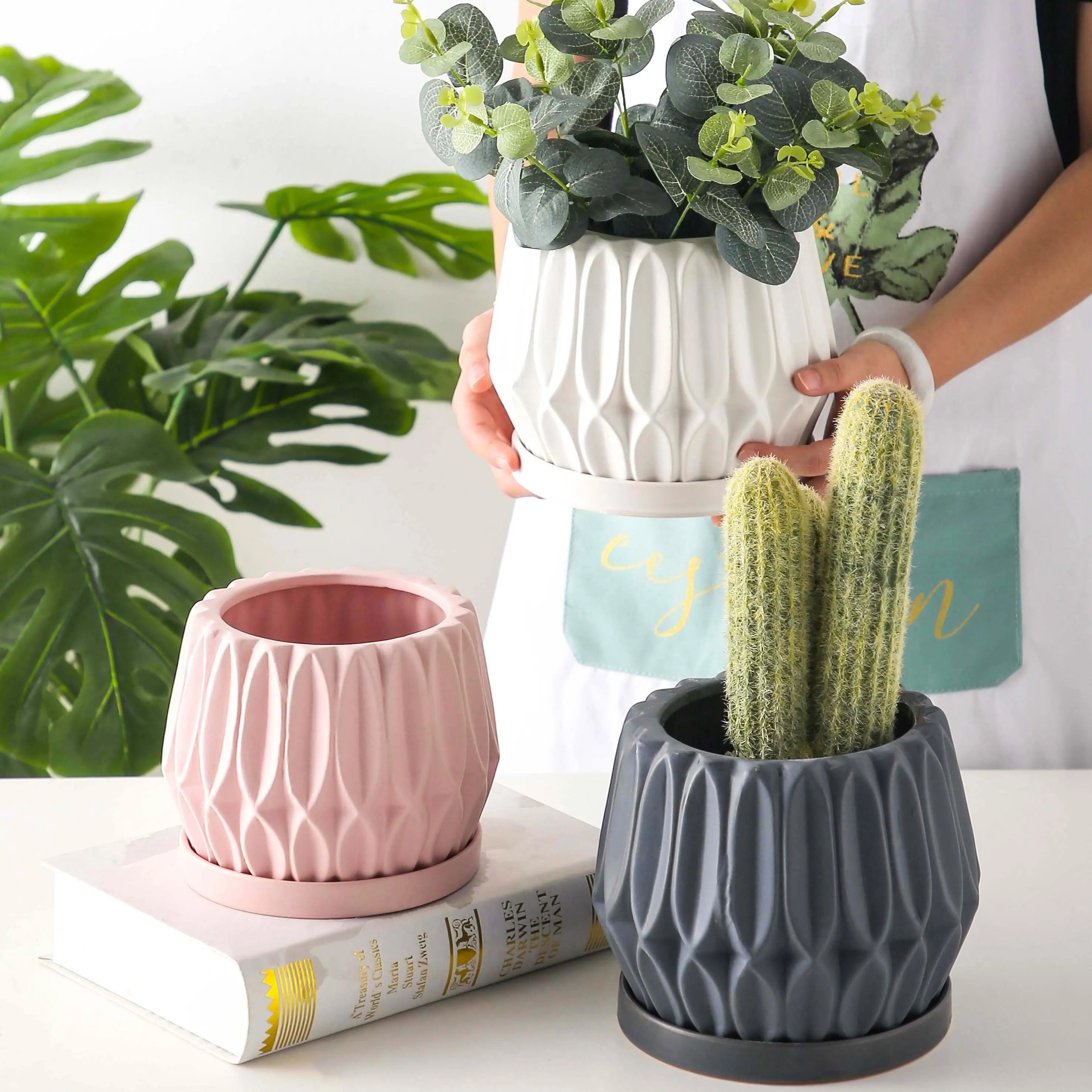 Medium grey ceramic flowerpot for tabletop or floor plant display