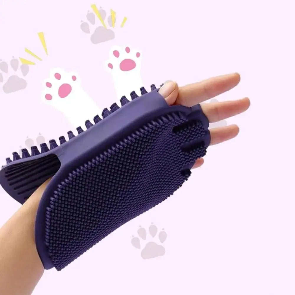Purple pet grooming brush with dual-sided design and ergonomic handle for dog and cat bathing