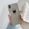 Silicone iPhone case with soft matte finish showing ice coffee and french fries couple patterns