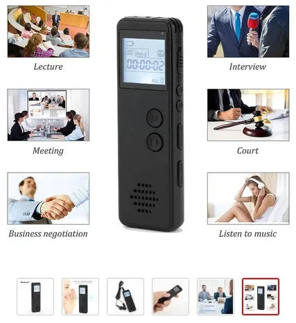 Black matte-finish digital voice recorder with backlit screen showing recording time, placed next to a memory card.
