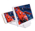 Black and white 3D mobile phone stand with adjustable holder on rotating base.