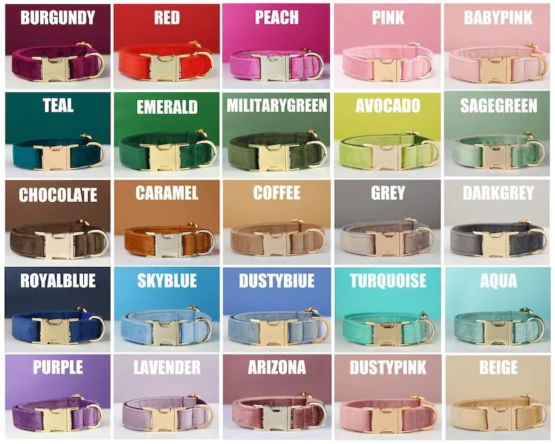 Personalised velvet dog collar with metal buckle and matching bow tie in multiple colours sizes XS to XL