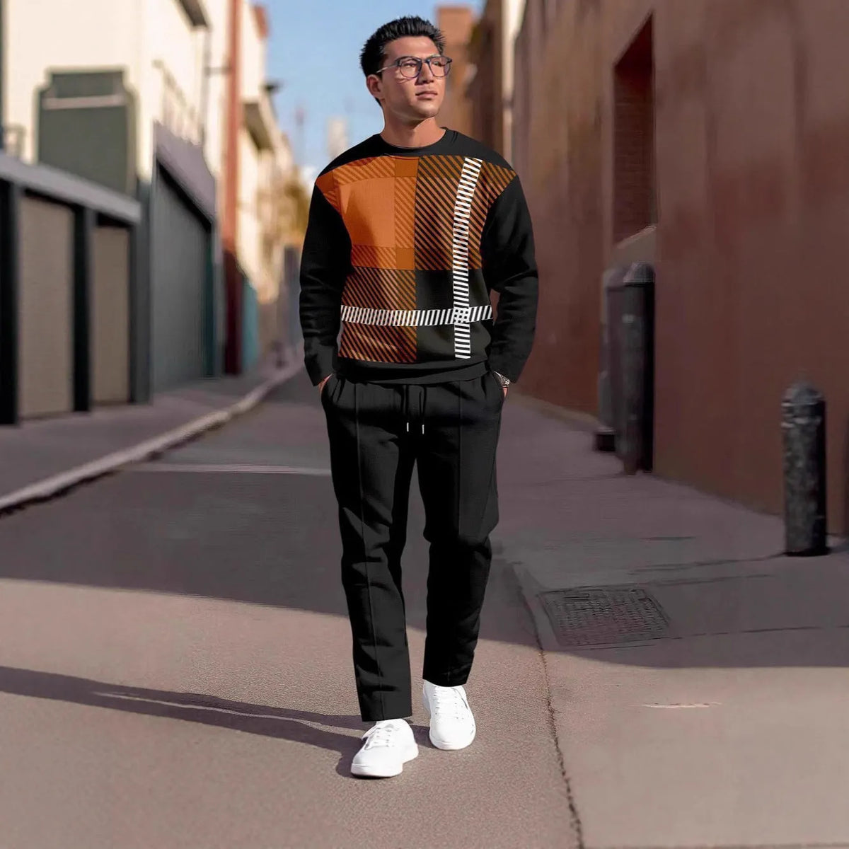 Men's 3D digital print sweatshirt and sweatpants set, long sleeve round neck top with full-length pants, polyester, S-6XL