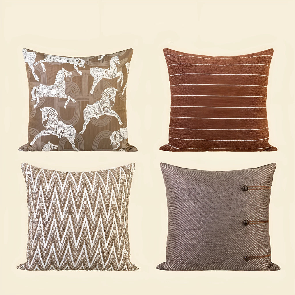 Chinese Ancient Style square pillow cushion on a sofa in a Maillard colour pattern.