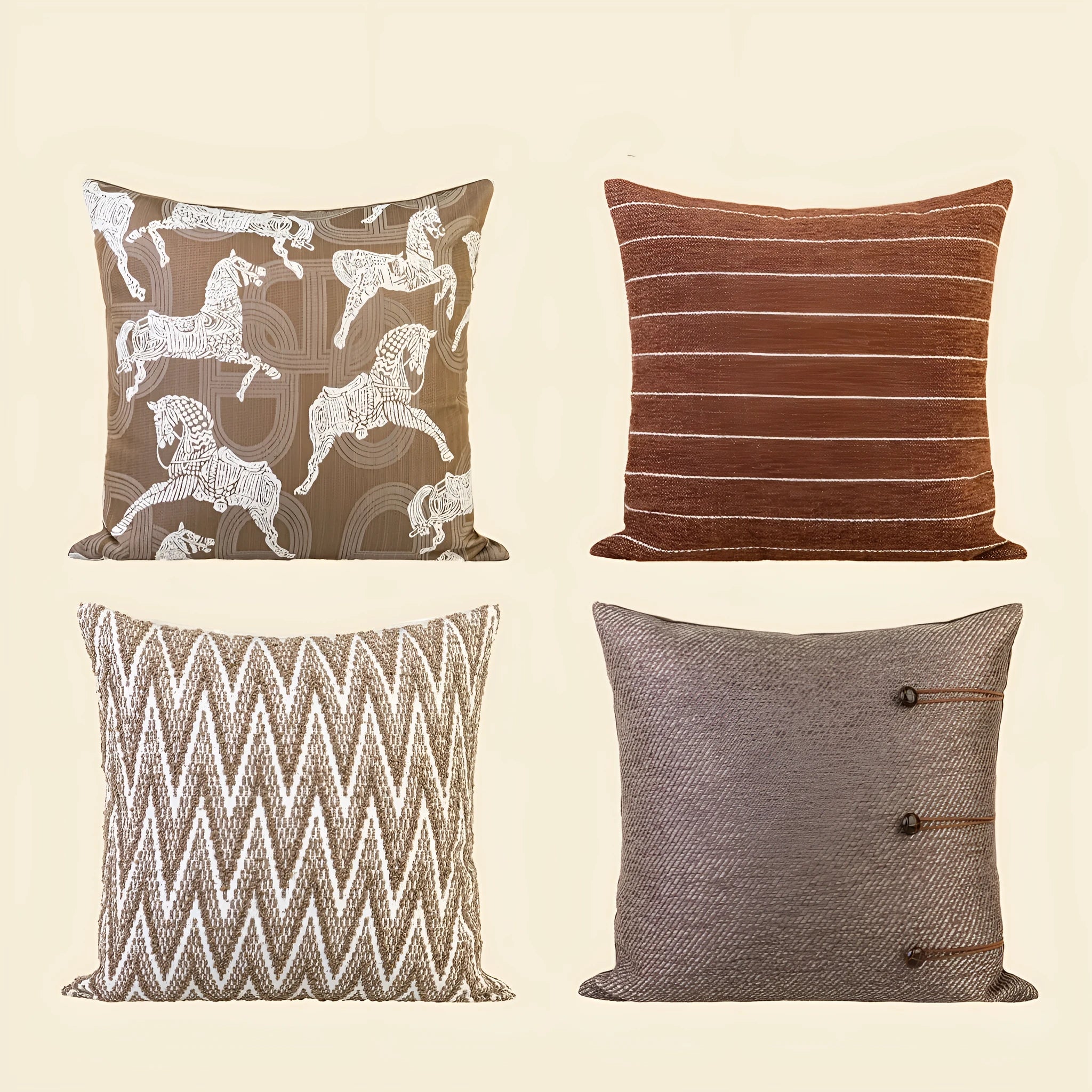 Chinese Ancient Style square pillow cushion on a sofa in a Maillard colour pattern.