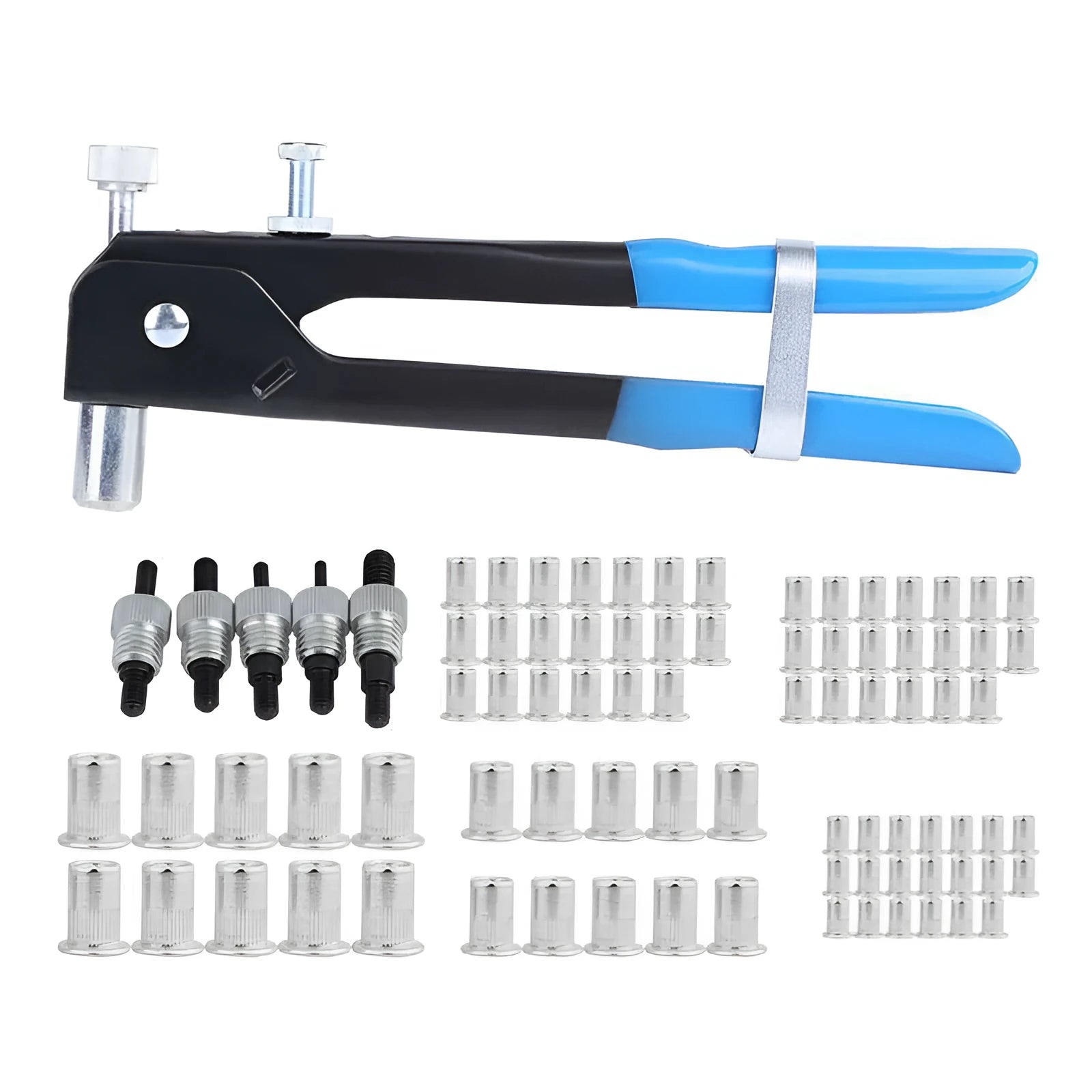 Alloy steel manual riveter nut gun set with nose pieces and mandrels on a workbench.