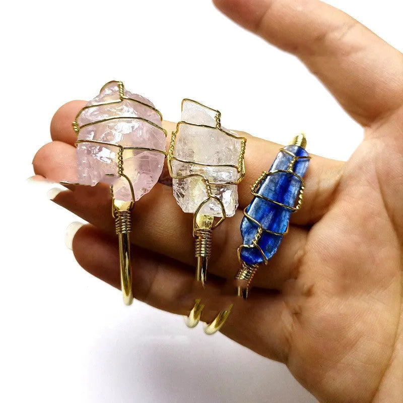 Geometric natural crystal rough stone bracelet with gold winding metal details