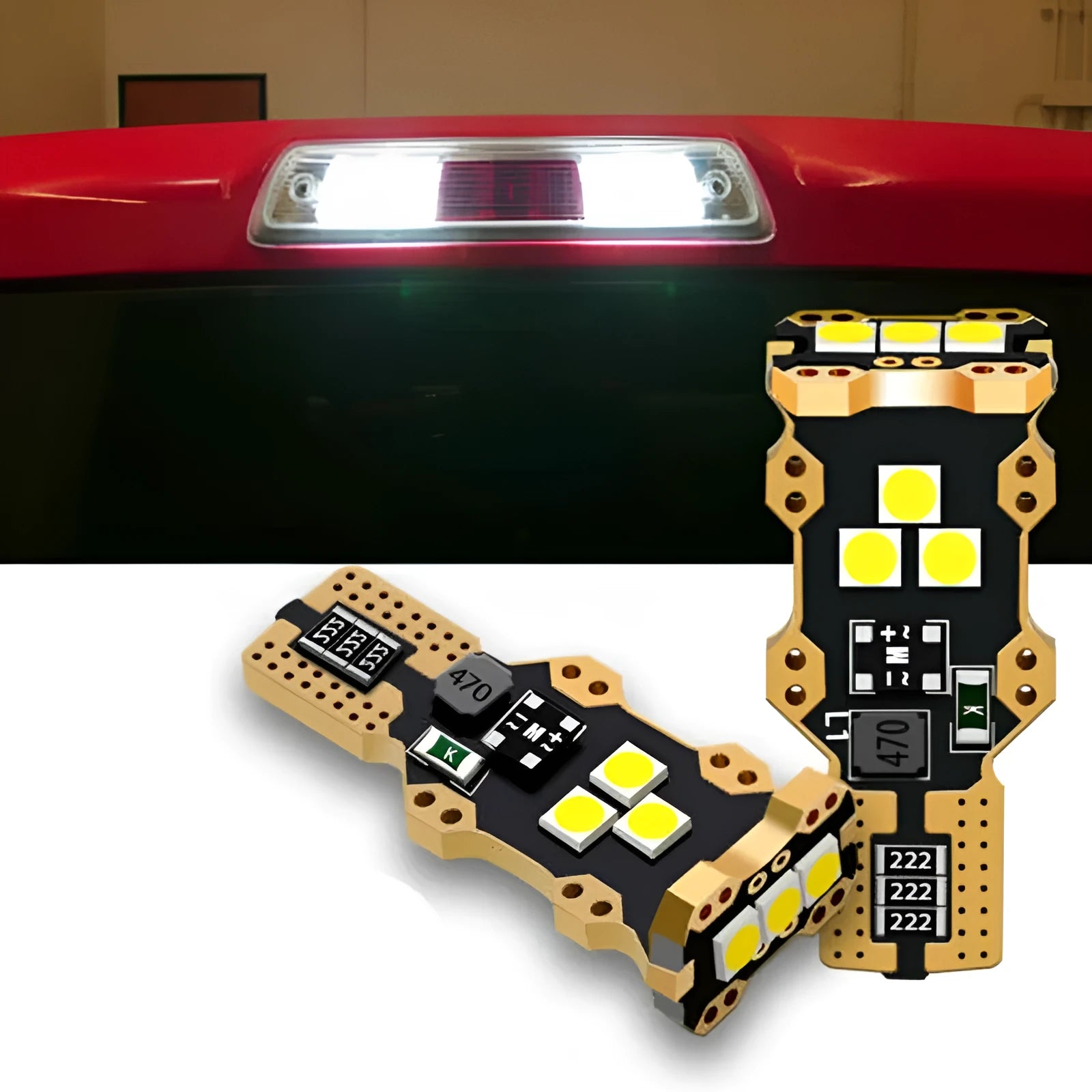 T15 automotive reverse light bulb with white housing and 6000K colour temperature specification