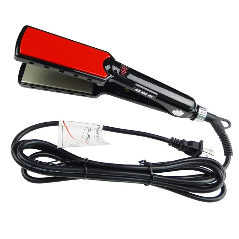 Black tourmaline ceramic hair straightener with slim heated plates, suitable for dry hair styling