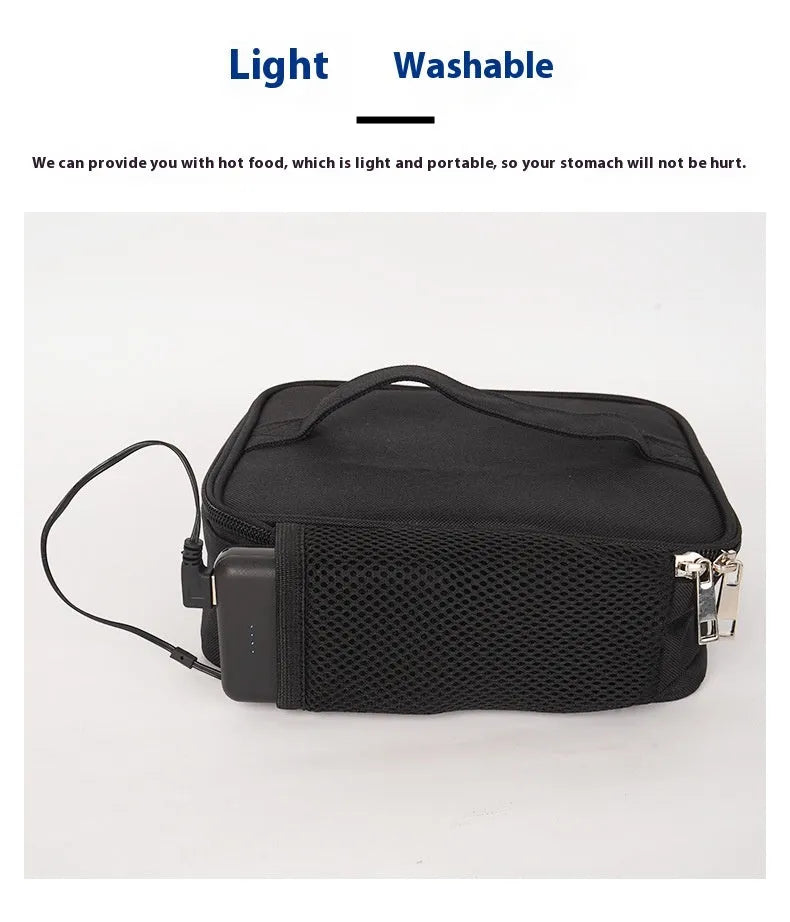 Black USB heating lunch thermal bag with Oxford cloth construction and power connection