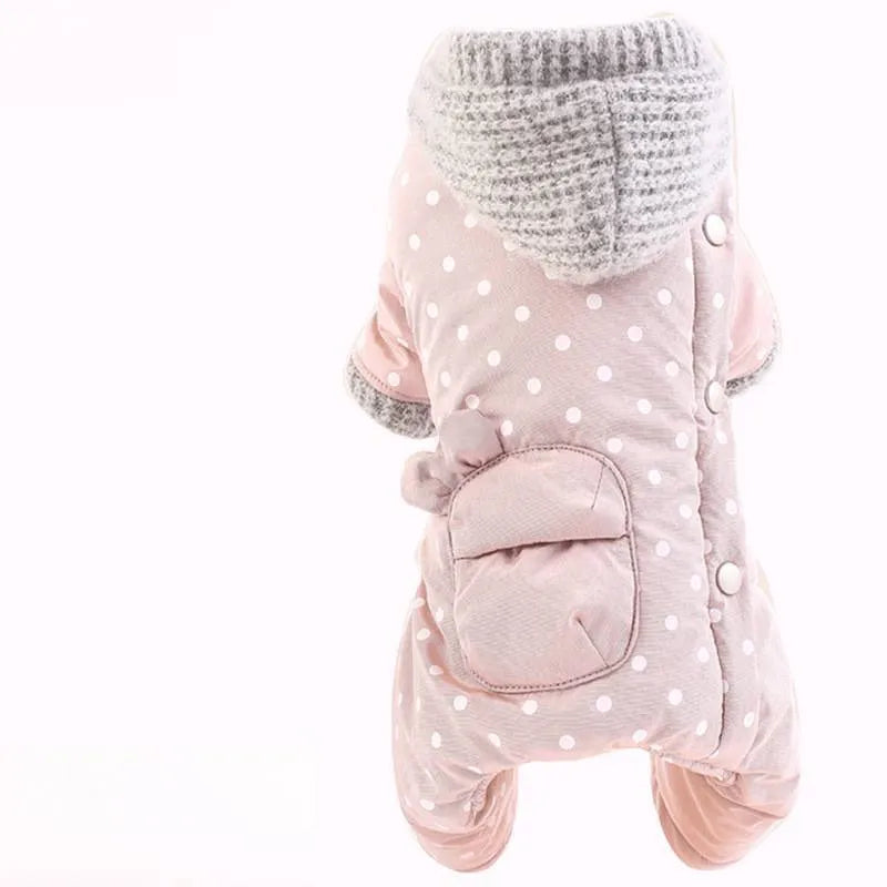 Autumn winter four-legged small dog padded cotton coat in grey with polka dot pattern, loose fit version