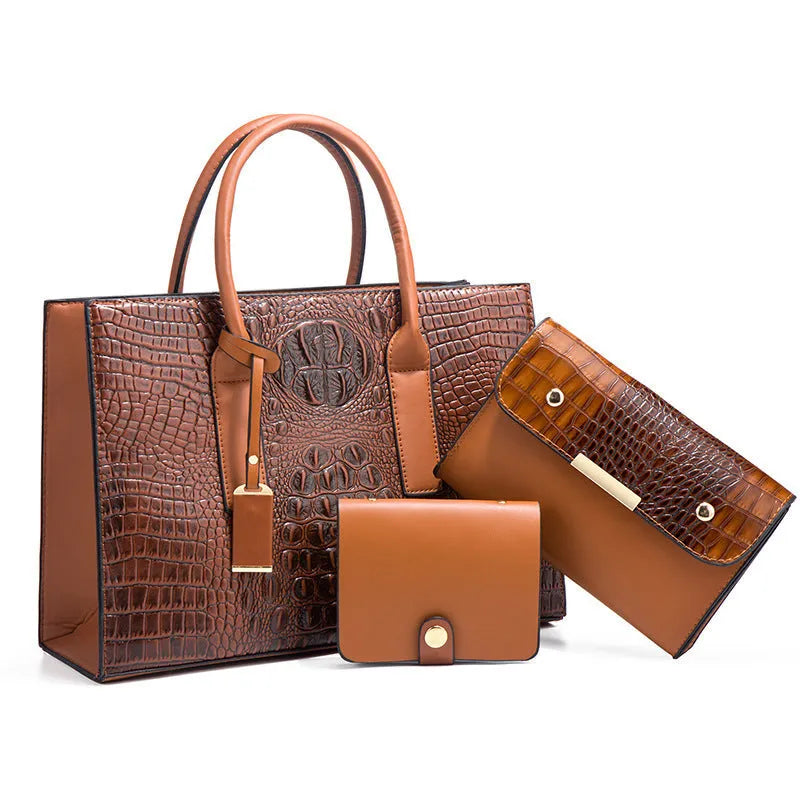 Women's three-piece PU leather shoulder bag set with crocodile pattern in four colour options
