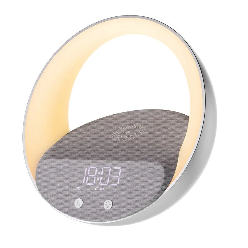 Beige or grey multifunctional Bluetooth speaker clock with wireless charging pad and digital display